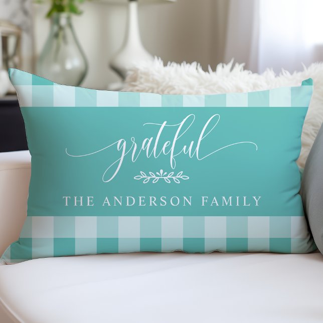 Teal & White Buffalo Check Grateful Personalised Lumbar Cushion (Creator Uploaded)