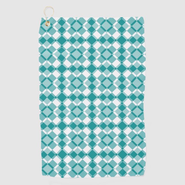 Teal White Checker Argyle Pattern Golf Towel (Front)