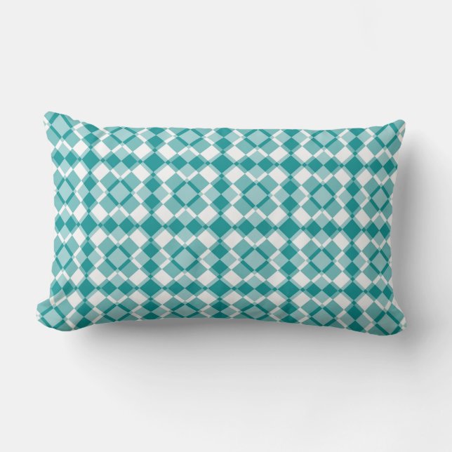 Teal White Chequered Argyle Pattern Lumbar Cushion (Front)