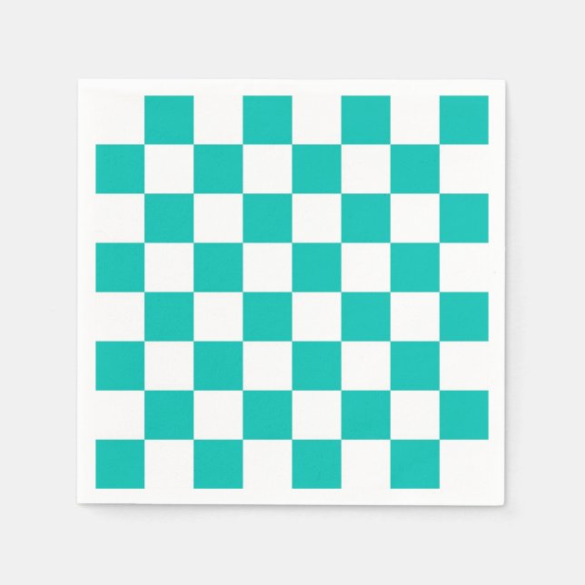 Teal White Chequered Board Pattern Napkin (Front)