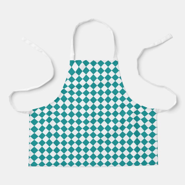 Teal White Chequered Diamond Pattern Apron (Front)