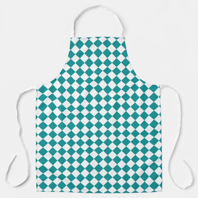 Teal White Chequered Diamond Pattern Apron (Front)