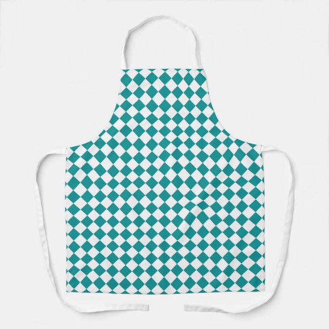 Teal White Chequered Diamond Pattern Apron (Front)