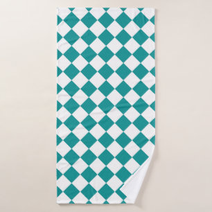 Teal White Chequered Diamond Pattern Bath Towel