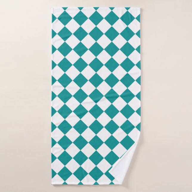 Teal White Chequered Diamond Pattern Bath Towel (Bath Towel)