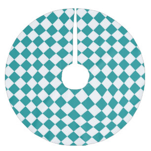 Teal White Chequered Diamond Pattern Brushed Polyester Tree Skirt