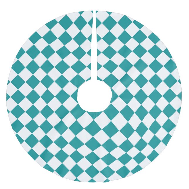 Teal White Chequered Diamond Pattern Brushed Polyester Tree Skirt (Front)