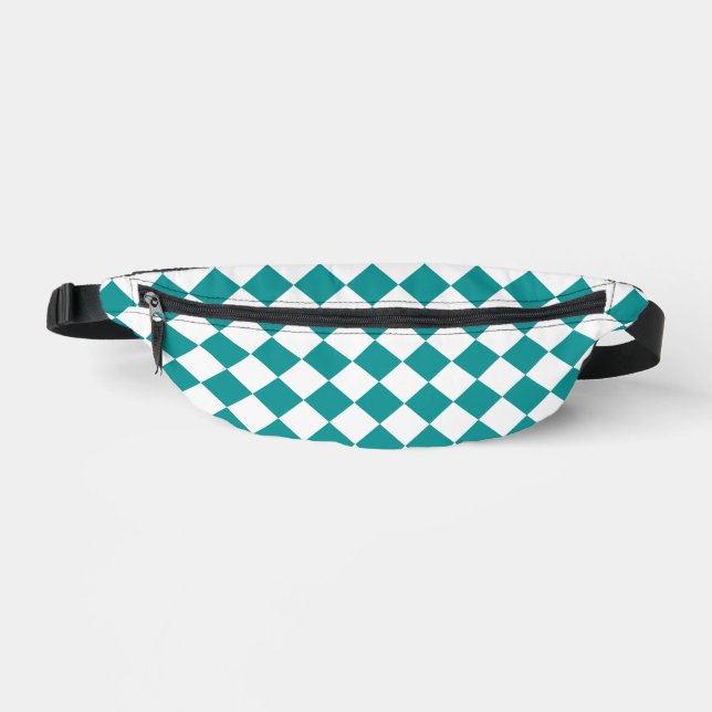 Teal White Chequered Diamond Pattern Bum Bags (Front)