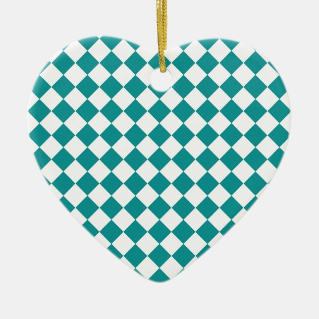 Teal White Chequered Diamond Pattern Ceramic Ornament (Front)