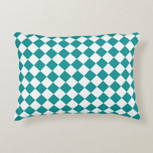 Teal White Chequered Diamond Pattern Decorative Cushion