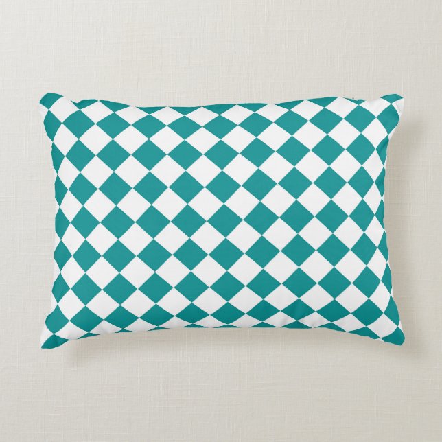 Teal White Chequered Diamond Pattern Decorative Cushion (Front)