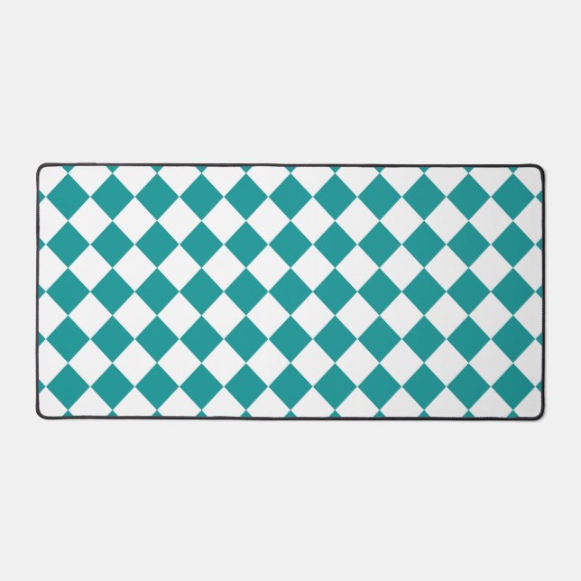 Teal White Chequered Diamond Pattern Desk Mat (Front)