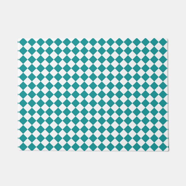 Teal White Chequered Diamond Pattern Doormat (Front)