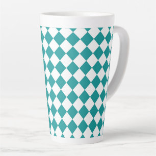 Teal White Chequered Diamond Pattern Latte Mug