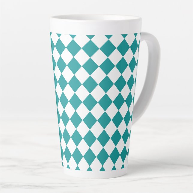 Teal White Chequered Diamond Pattern Latte Mug (Right Angle)