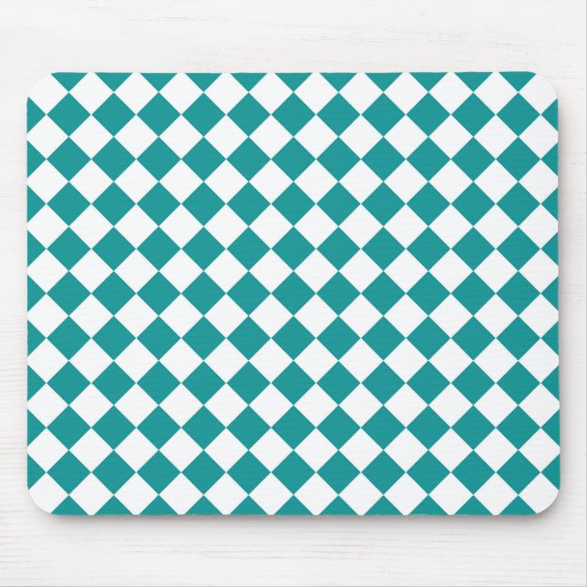 Teal White Chequered Diamond Pattern Mouse Pad (Front)