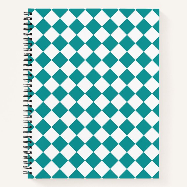Teal White Chequered Diamond Pattern Notebook (Front)