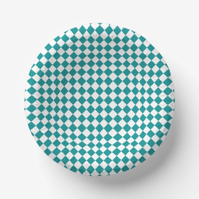 Teal White Chequered Diamond Pattern Paper Plate (Front)