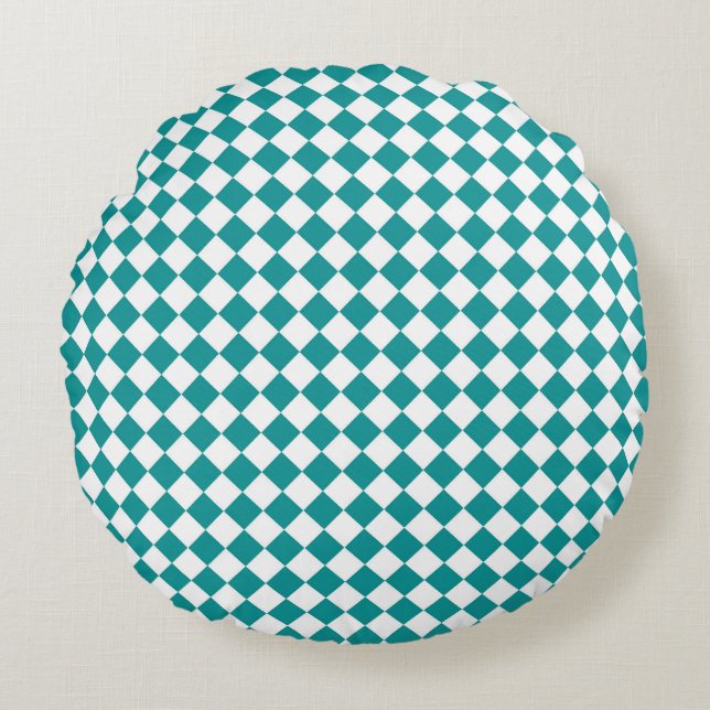 Teal White Chequered Diamond Pattern Round Cushion (Front)