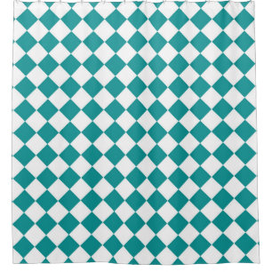 Teal White Chequered Diamond Pattern Shower Curtain