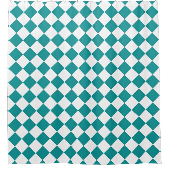 Teal White Chequered Diamond Pattern Shower Curtain (Front)