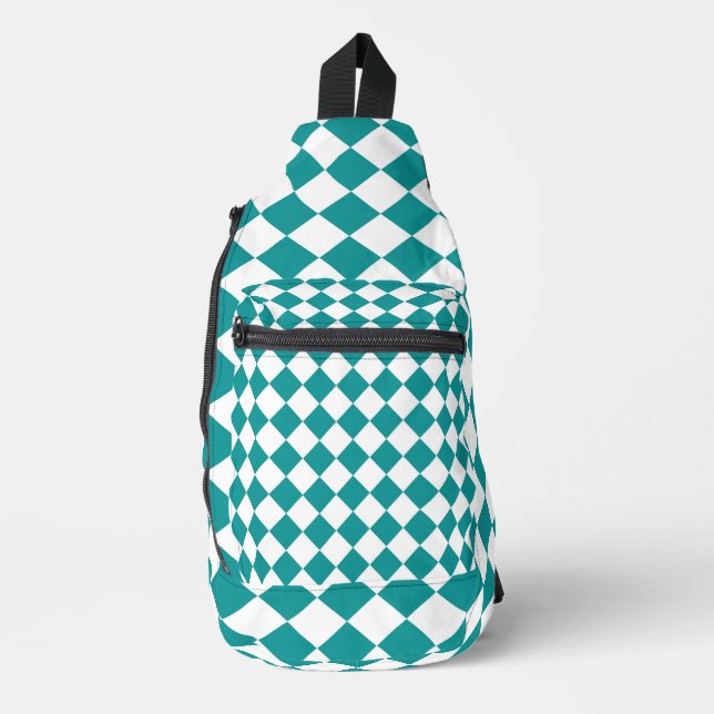 Teal White Chequered Diamond Pattern Sling Bag (Front)