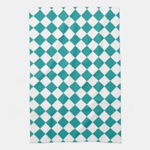 Teal White Chequered Diamond Pattern Tea Towel