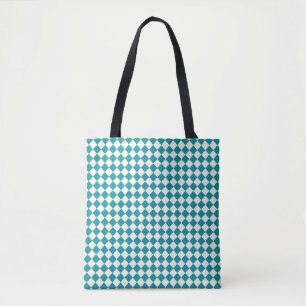 Teal White Chequered Diamond Pattern Tote Bag