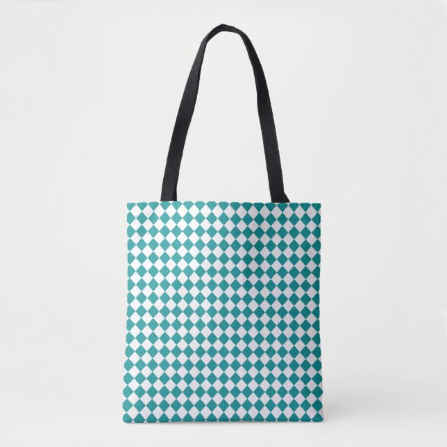 Teal White Chequered Diamond Pattern Tote Bag (Front)