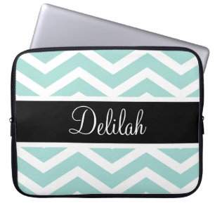 Teal White Chevron Black Name Laptop Sleeve