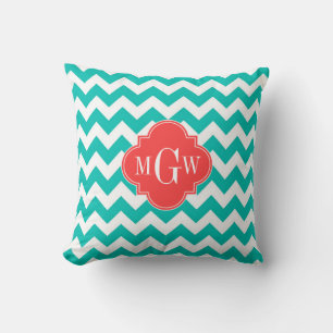 Teal White Chevron Coral Quatrefoil 3 Monogram Cushion