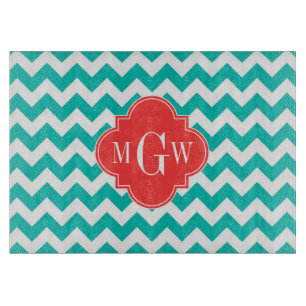 Teal White Chevron Coral Quatrefoil 3 Monogram Cutting Board