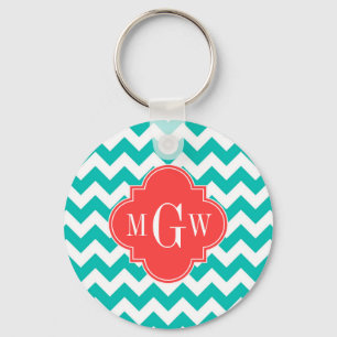 Teal White Chevron Coral Quatrefoil 3 Monogram Key Ring
