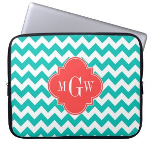 Teal White Chevron Coral Quatrefoil 3 Monogram Laptop Sleeve