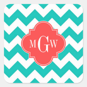 Teal White Chevron Coral Quatrefoil 3 Monogram Square Sticker