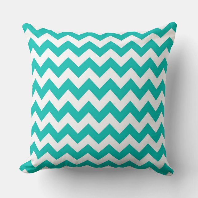 Teal White Chevron Zig-Zag Pattern Cushion (Front)