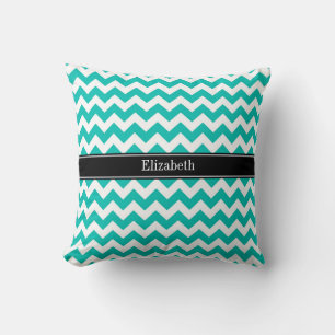 Teal White Chevron ZigZag Black Name Monogram Cushion