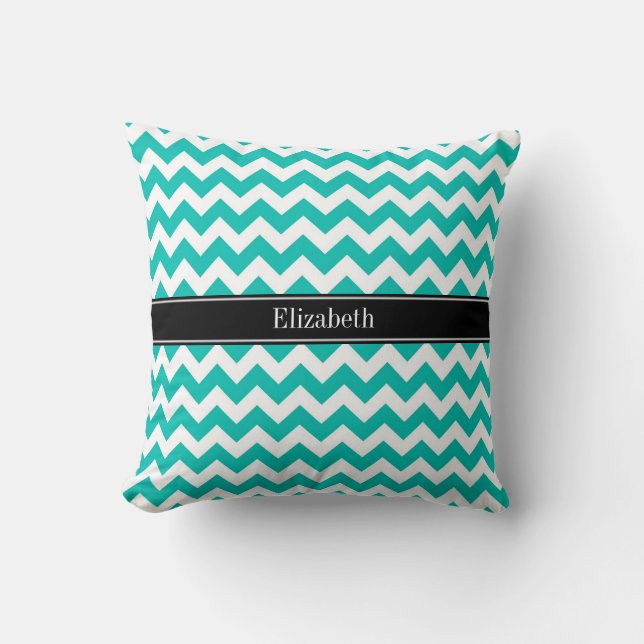 Teal White Chevron ZigZag Black Name Monogram Cushion (Front)