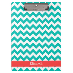 Teal White Chevron ZigZag Coral Name Monogram Clipboard