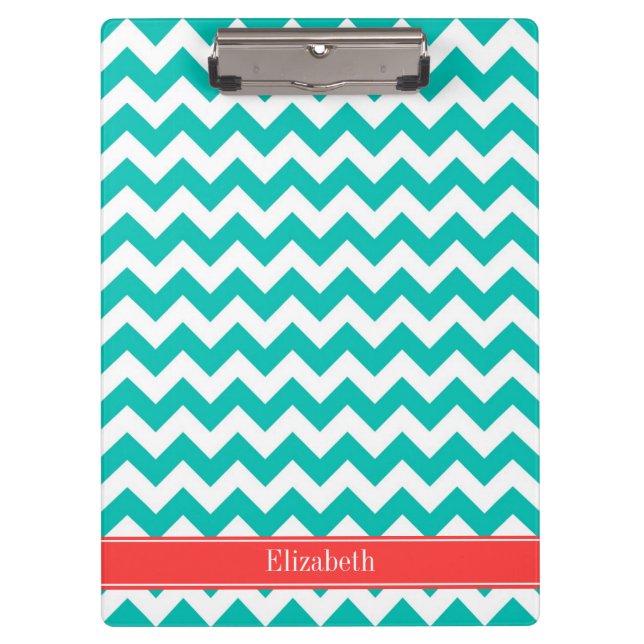 Teal White Chevron ZigZag Coral Name Monogram Clipboard (Front)