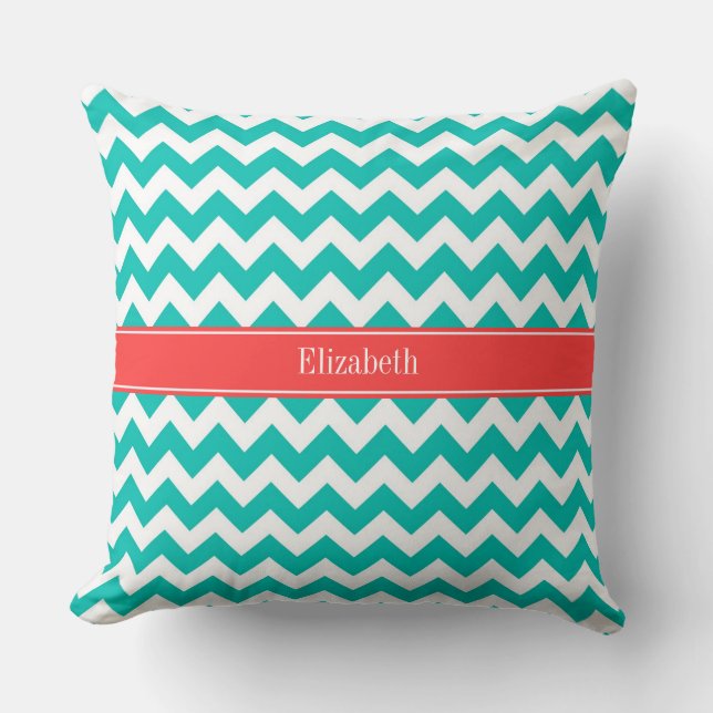 Teal White Chevron ZigZag Coral Name Monogram Cushion (Front)