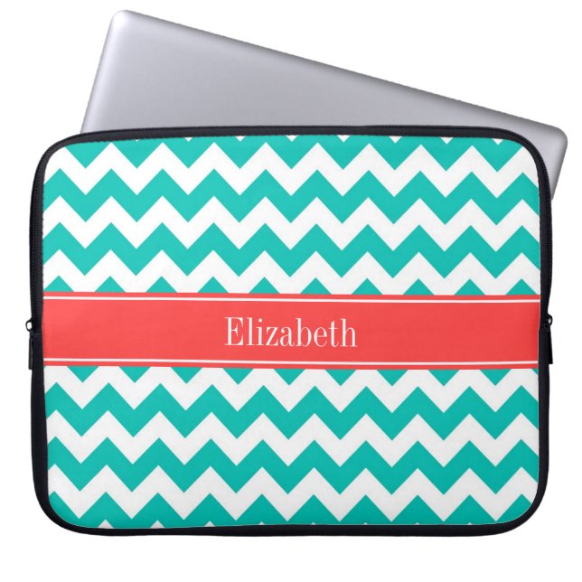 Teal White Chevron ZigZag Coral Name Monogram Laptop Sleeve (Front)