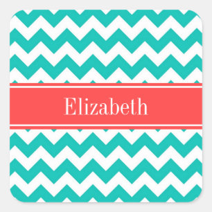 Teal White Chevron ZigZag Coral Name Monogram Square Sticker