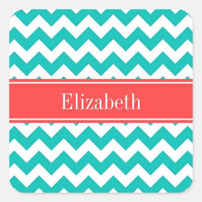 Teal White Chevron ZigZag Coral Name Monogram Square Sticker (Front)