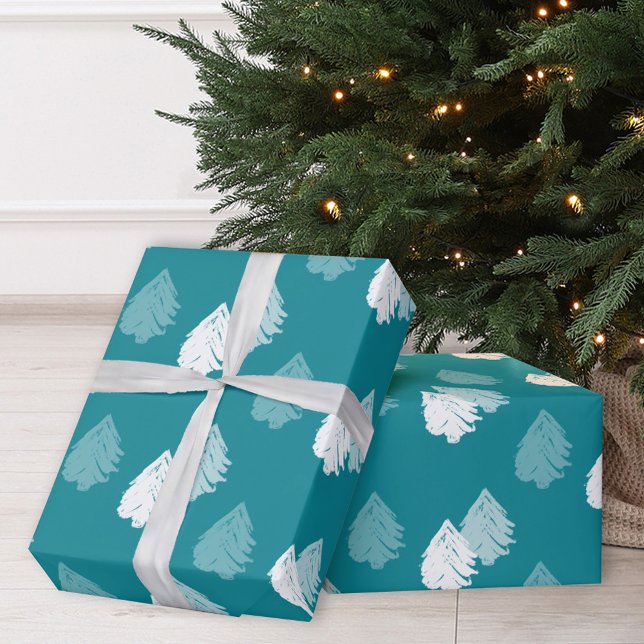 Teal White Christmas Tree Pattern Wrapping Paper (Creator Uploaded)