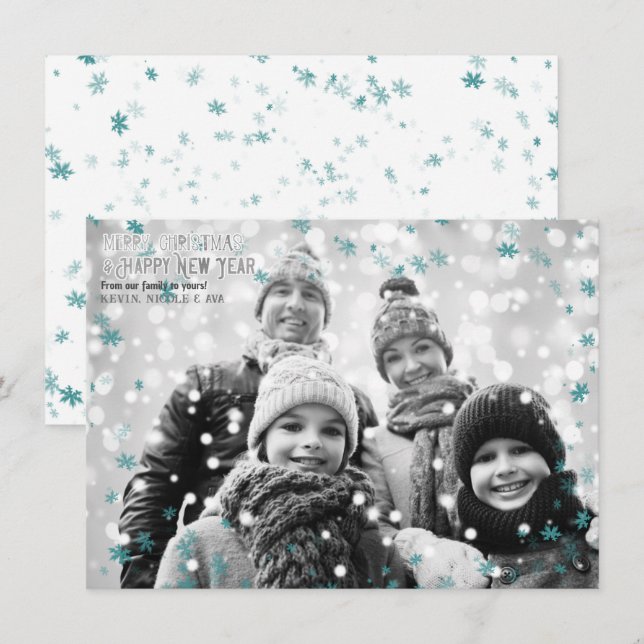 Teal & White Cold Winter Snowflakes Holiday Photo Invitation (Front/Back)