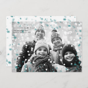 Teal & White Cold Winter Snowflakes Holiday Photo Invitation