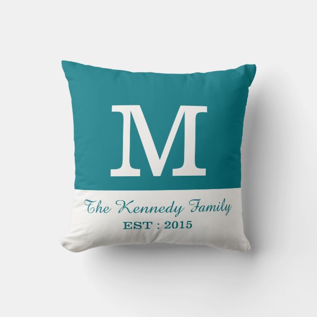 Teal White Colour Block Reversible Family Monogram Cushion (Front)
