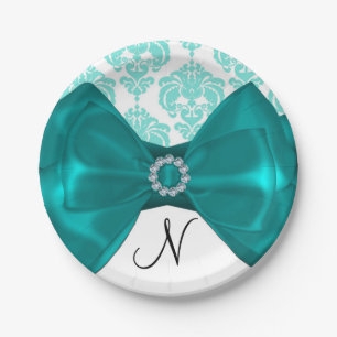Teal & White Damask Bling Bow Glam Sweet 16 Party Paper Plate