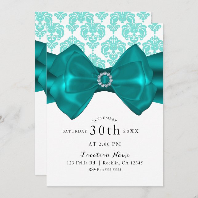 Teal & White Damask Bow Glam Chic Sweet 16 Party Invitation (Front/Back)
